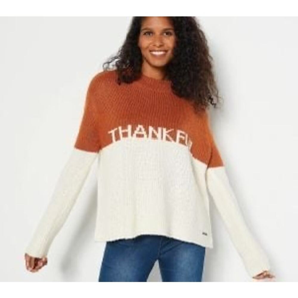 Peace Love World Thankful Brown Cream Sweater Women’s Size XS